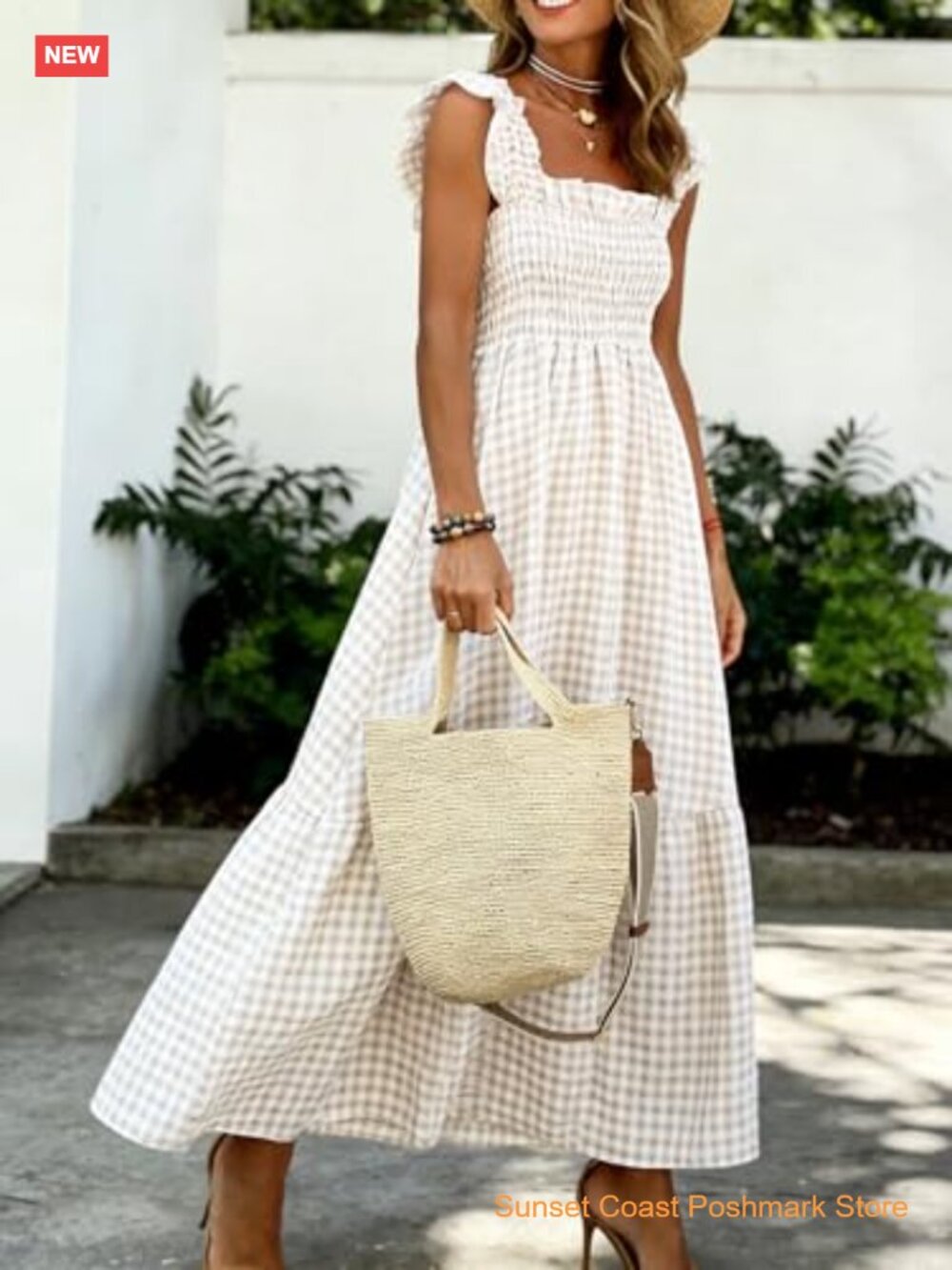 Smocked Maxi Dress Square Neck Ruffle Cap Sleeves Tiered Flowy Gingham Boho - Picture 4 of 6